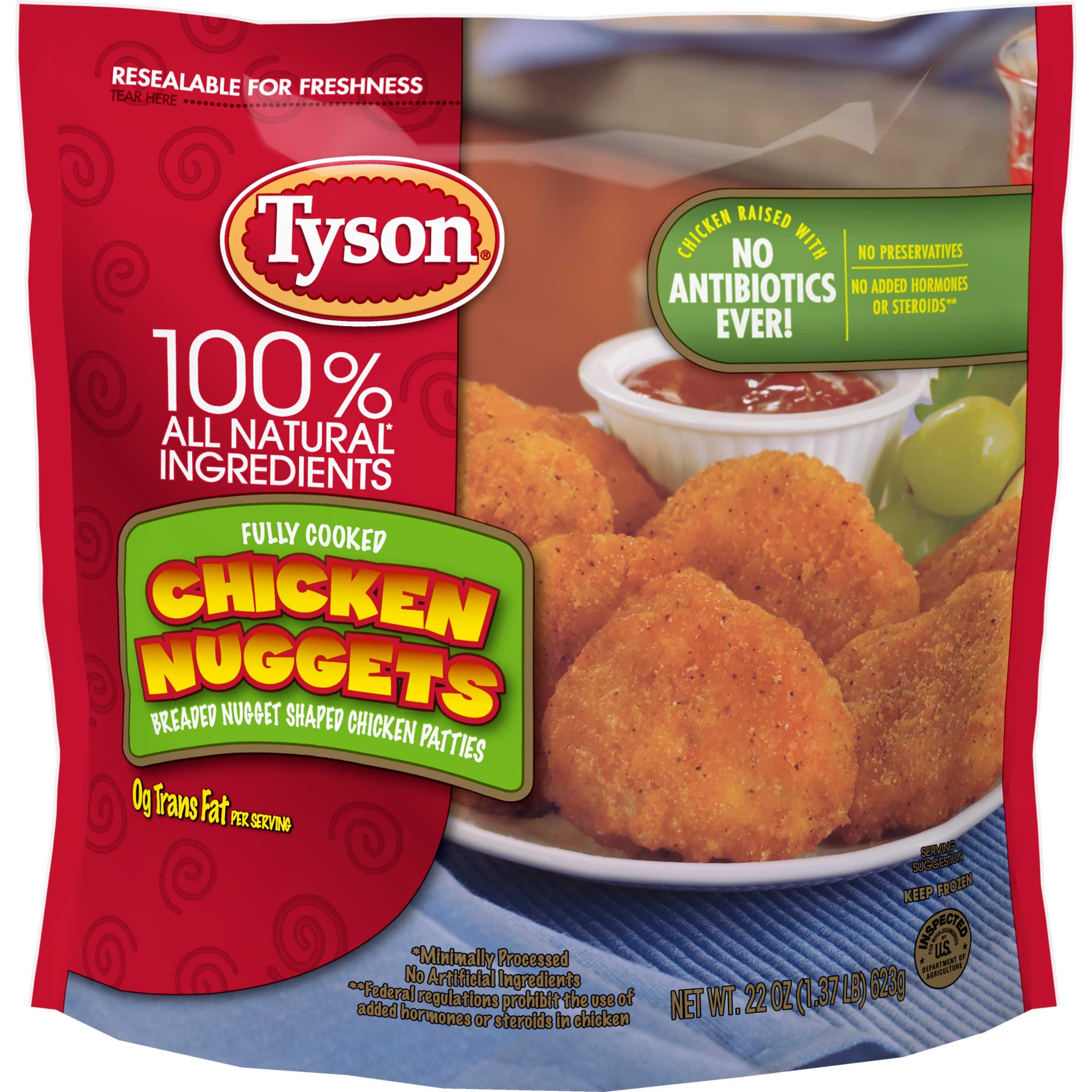 Tyson Fully Cooked Breaded Nugget Shaped Chicken Patties, 1.375 Pound -- 8 per case.