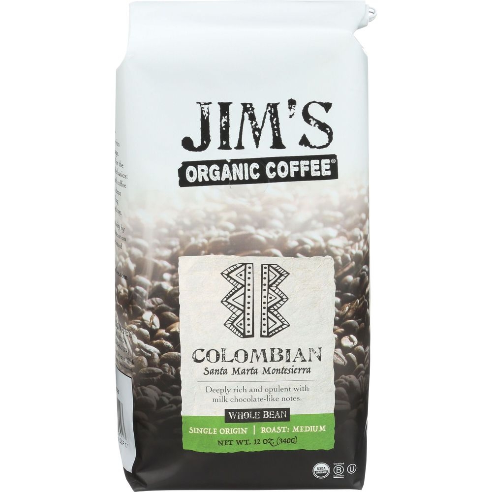 Jims Organic Coffee Colombian Medium Roast Whole Bean Coffee, 12 Ounce -- 6 per case