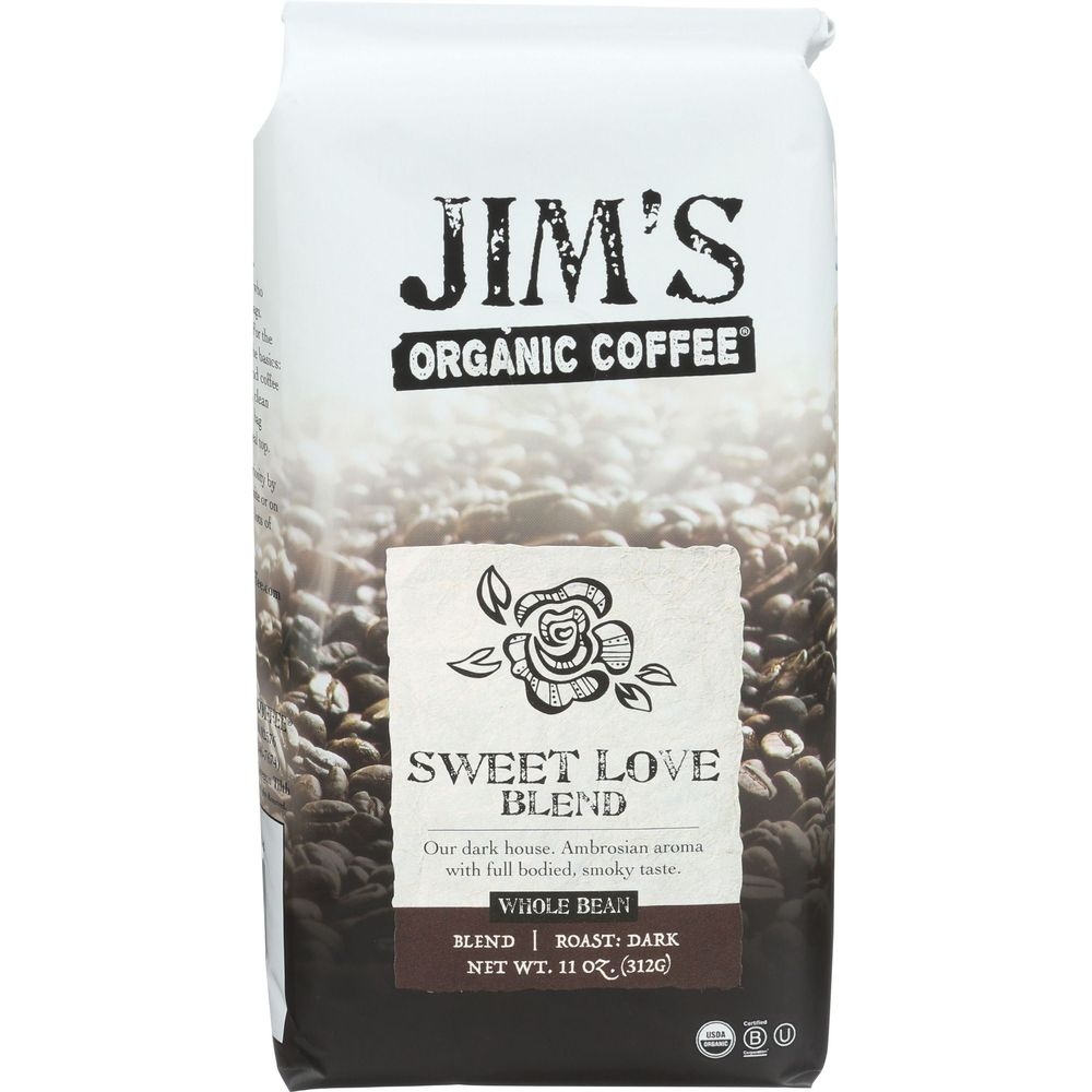 Jims Organic Coffee Sweet Love Blend Dark Roast Whole Bean Coffee, 11 Ounce -- 6 per case