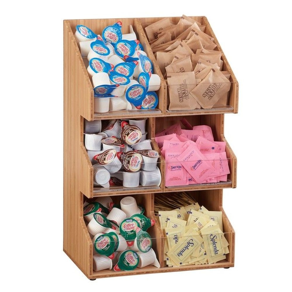 Cal-Mil Bamboo 3 Tier 6 Bin Compartment Condiment Display with Clear Bin Face, 10.25 x 6.75 x 16 inch