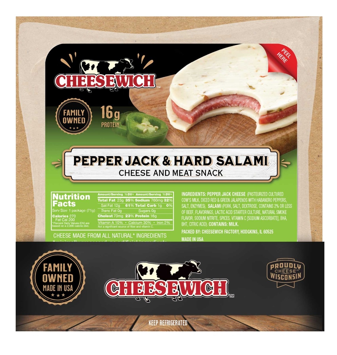 Cheesewich Hard Salami and Pepper Jack Cheese, 2.5 Ounce -- 64 per case.