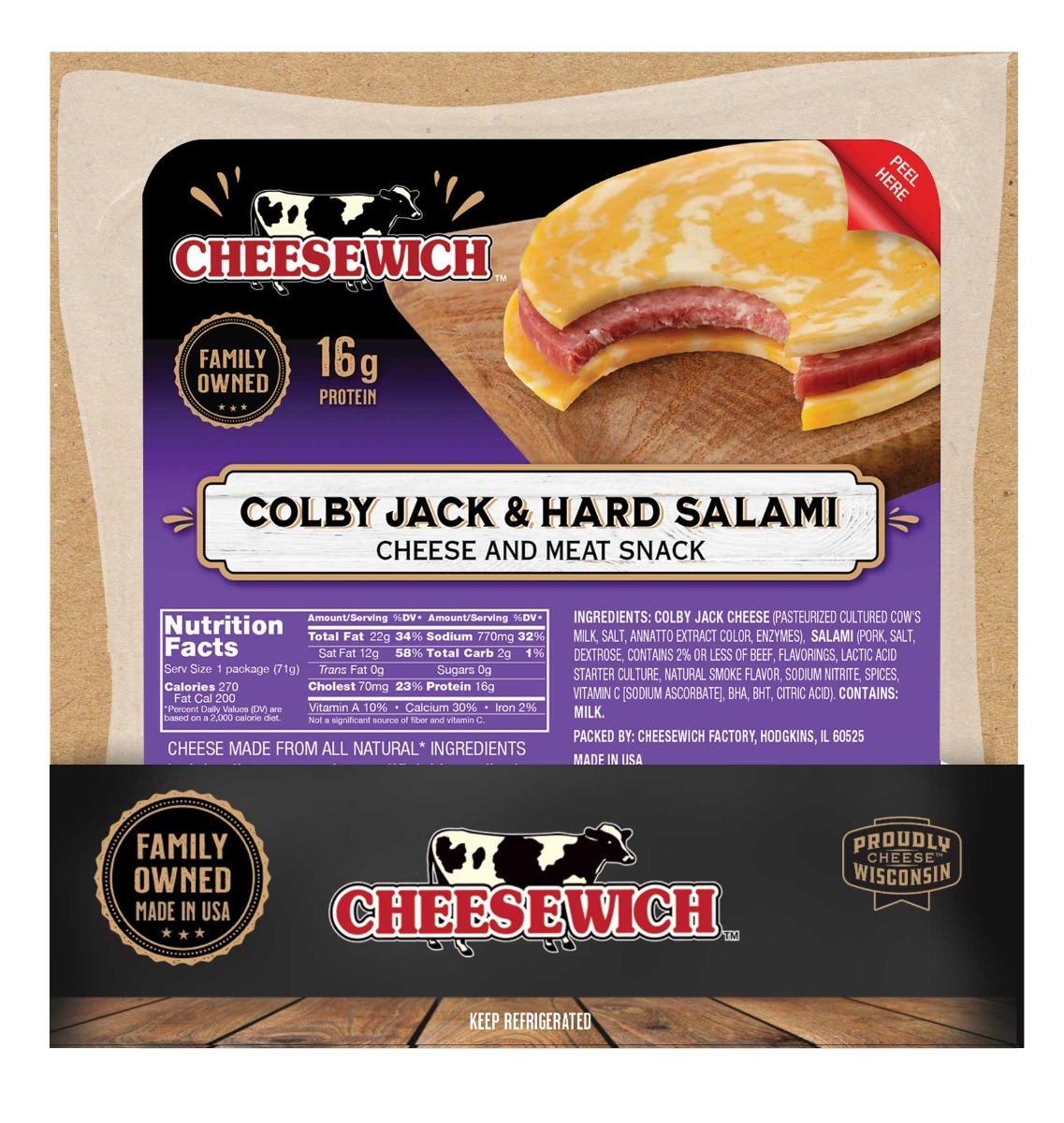 Cheesewich Hard Salami and Colby Jack Cheese, 2.5 Ounce -- 64 per case.