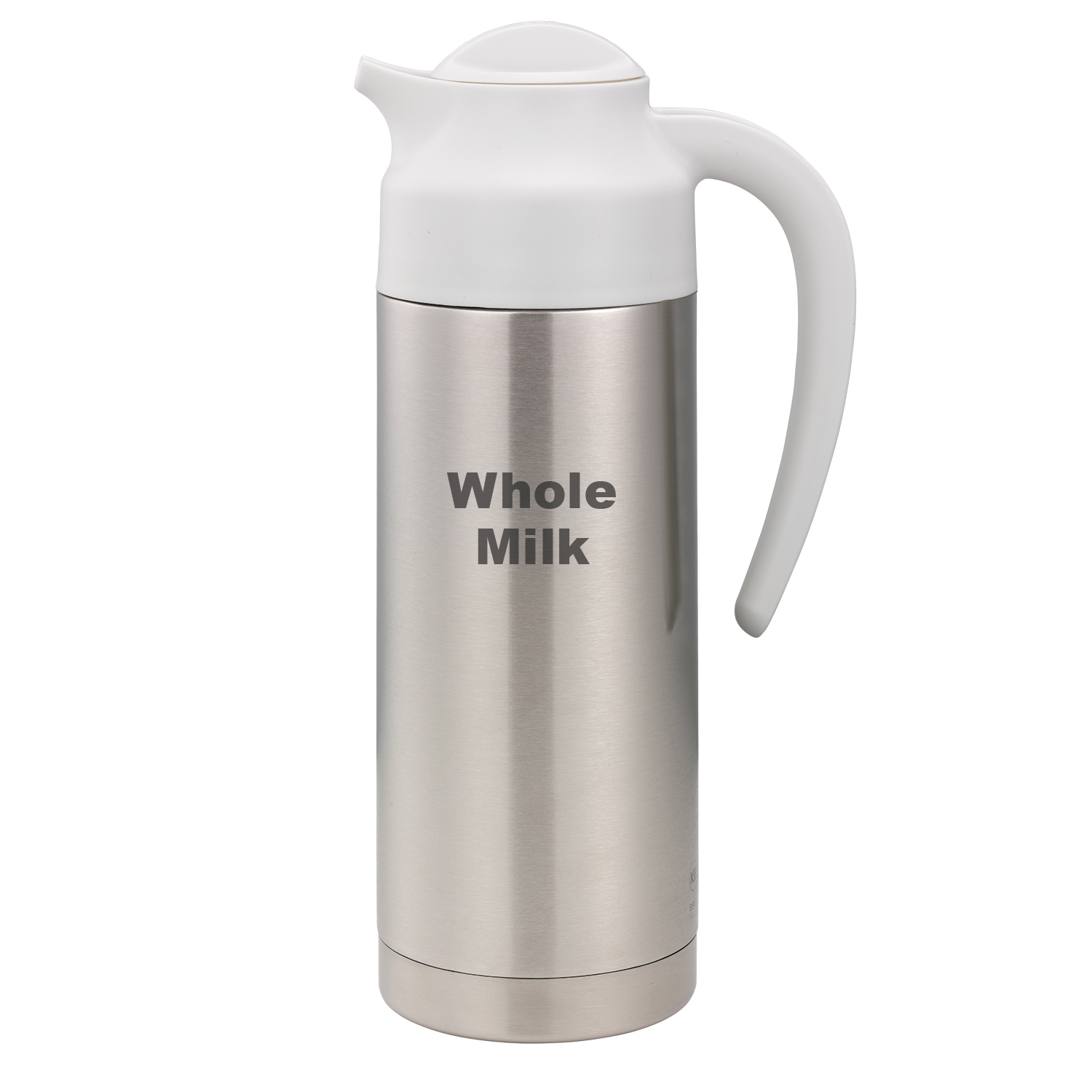 Service Ideas SteelVac Brushed Stainless and White Whole Milk Vacuum Insulated Creamer Carafe with Steel Base, 1 Liter