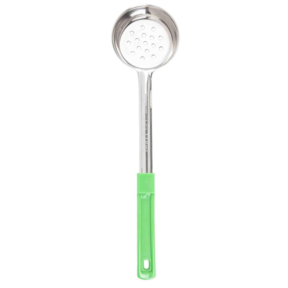 Tablecraft Stainless Steel Perforated One Piece Spoonout with 10.25 inch Green Handle, 4 Ounce Capacity