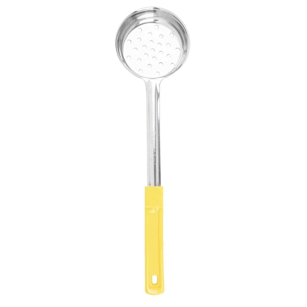 Tablecraft Stainless Steel Perforated One Piece Spoonout with 10.25 inch Yellow Handle, 5 Ounce Capacity