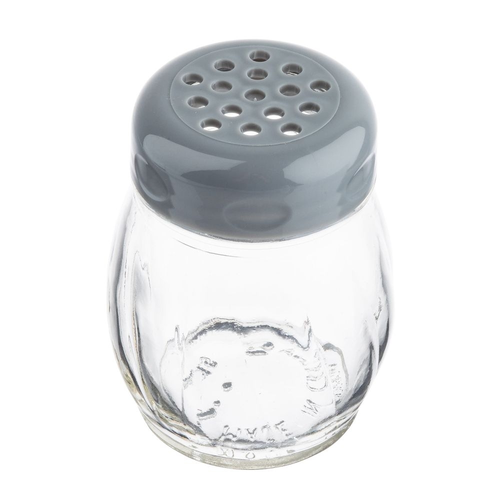 Tablecraft Clear Soda Lime Glass Swirl Cheese Shaker with Plastic Gray Perforated Top, 6 Ounce Capacity -- 12 per case