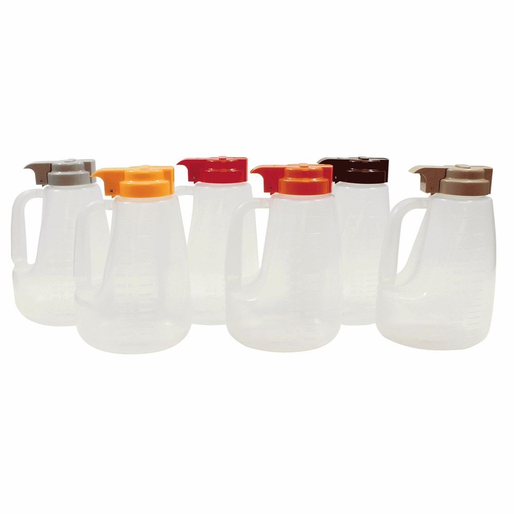 Tablecraft Clarified Polypropylene Condiment Dispenser with Assorted ABS Top, 64 Ounce Capacity -- 6 per case