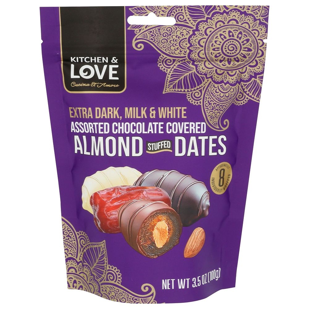 Kitchen and Love Extra Dark Milk and White Chocolate Covered Almond Stuffed Dates, 3.5 Ounce -- 8 per case