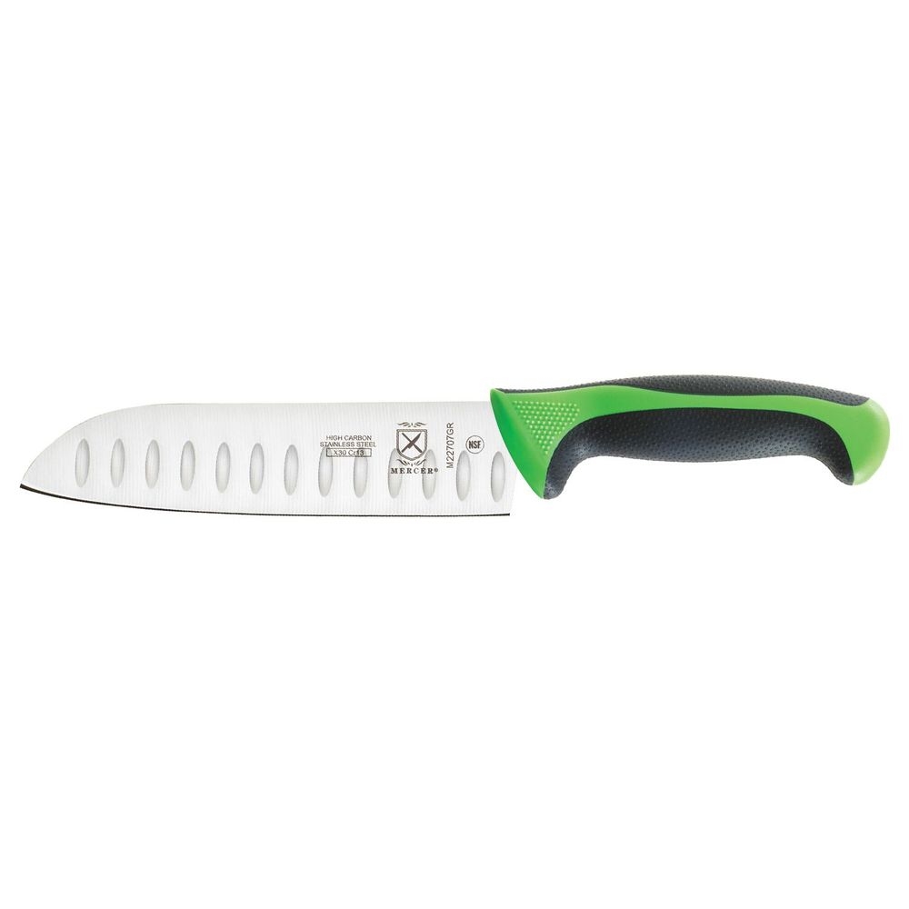Mercer Culinary Millennia Granton Edge Santoku Knife with Green Handle, 7 inch