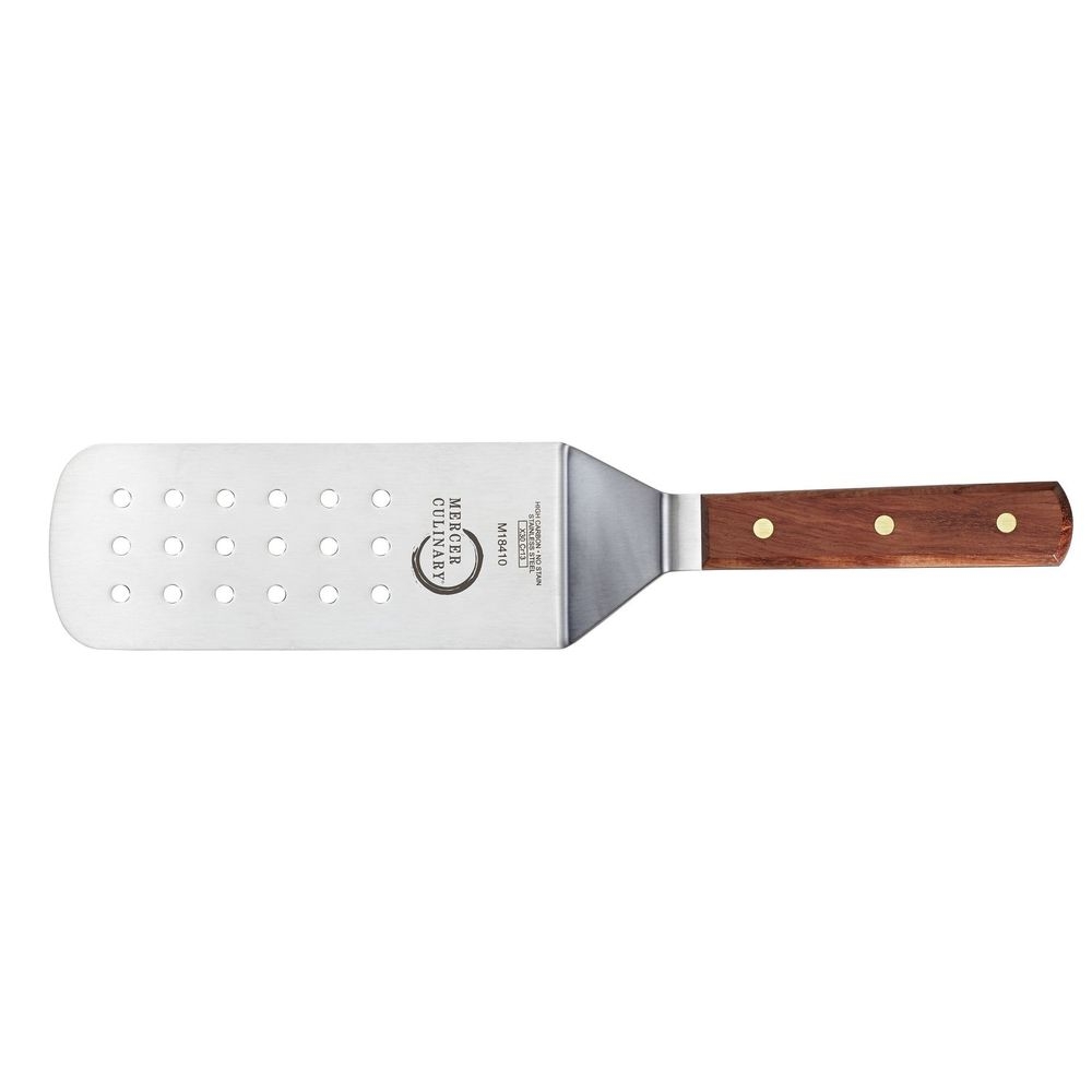 Mercer Culinary Praxis Brown Rosewood Handle Perforated Turner, 8 x 3 inch