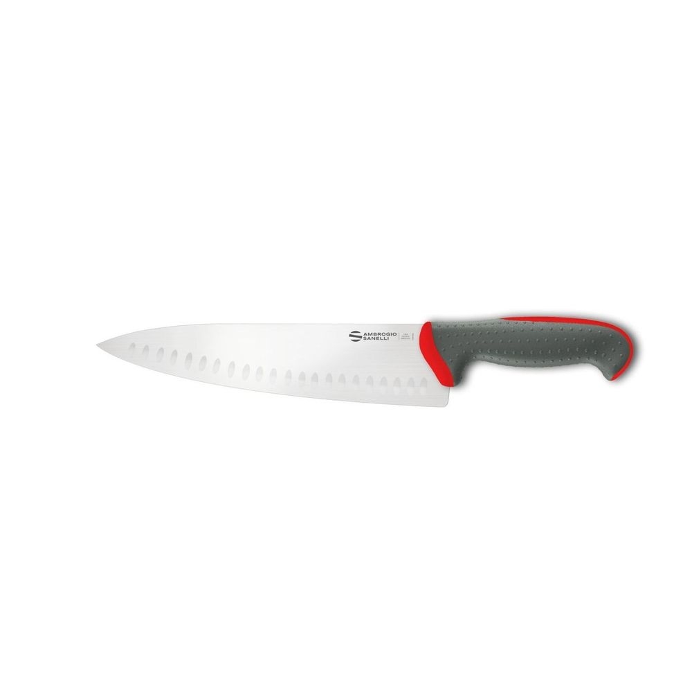 Ambrogio Sanelli Tecna Red Chef Knife with Granton Edge and Semi Polished Blade Finishing, 9.5 inch