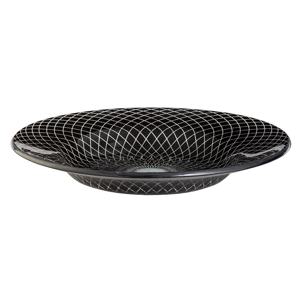 Rosseto Kalderon Spiro Black 15.4 inch Round Wide Rim Handmade Glass Bowl, 15.4 x 15.4 x 2.2 inch