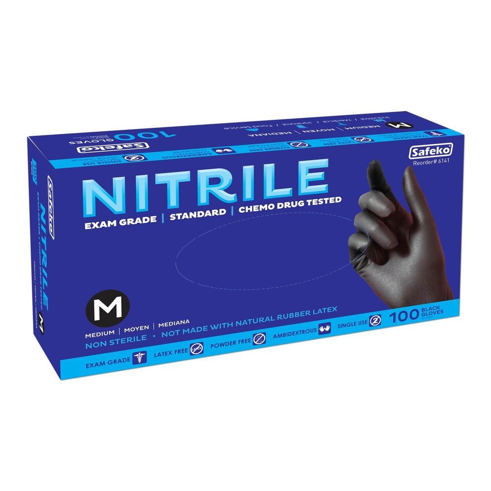 Safeko Medium Black 4 Mil Powder Free Nitrile Examination Gloves, 100 count -- 10 per case