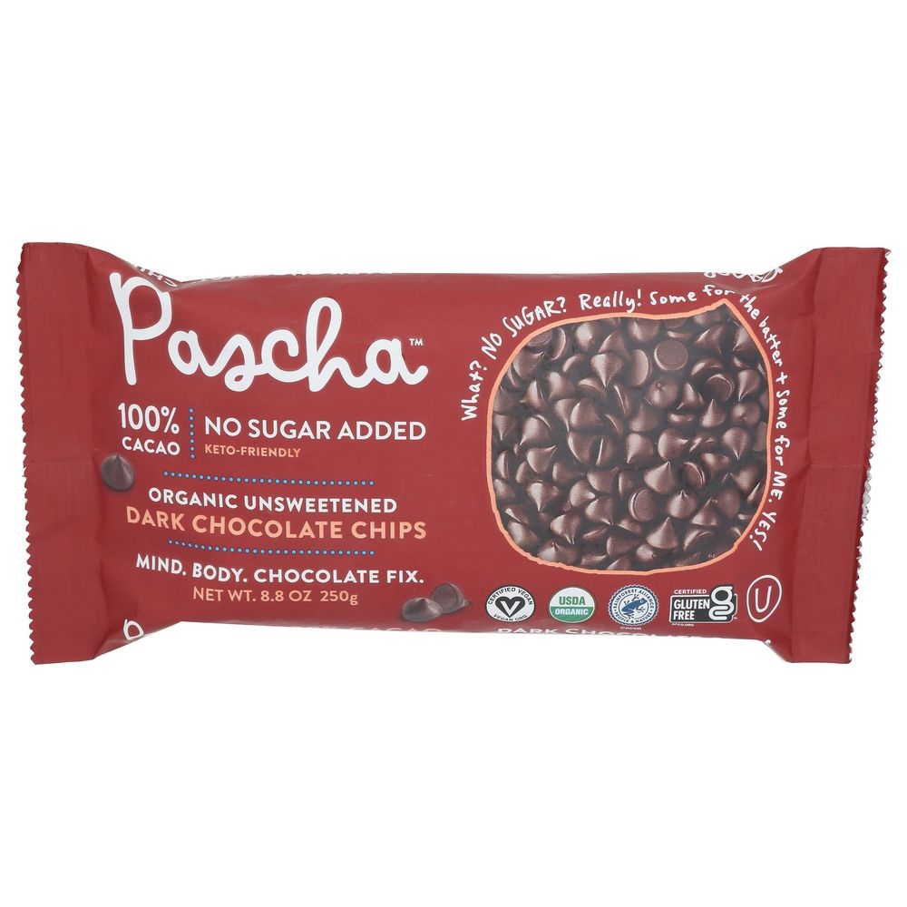 Pascha Organic Unsweetened Dark Chocolate Chips, 8.8 Ounce -- 6 per case