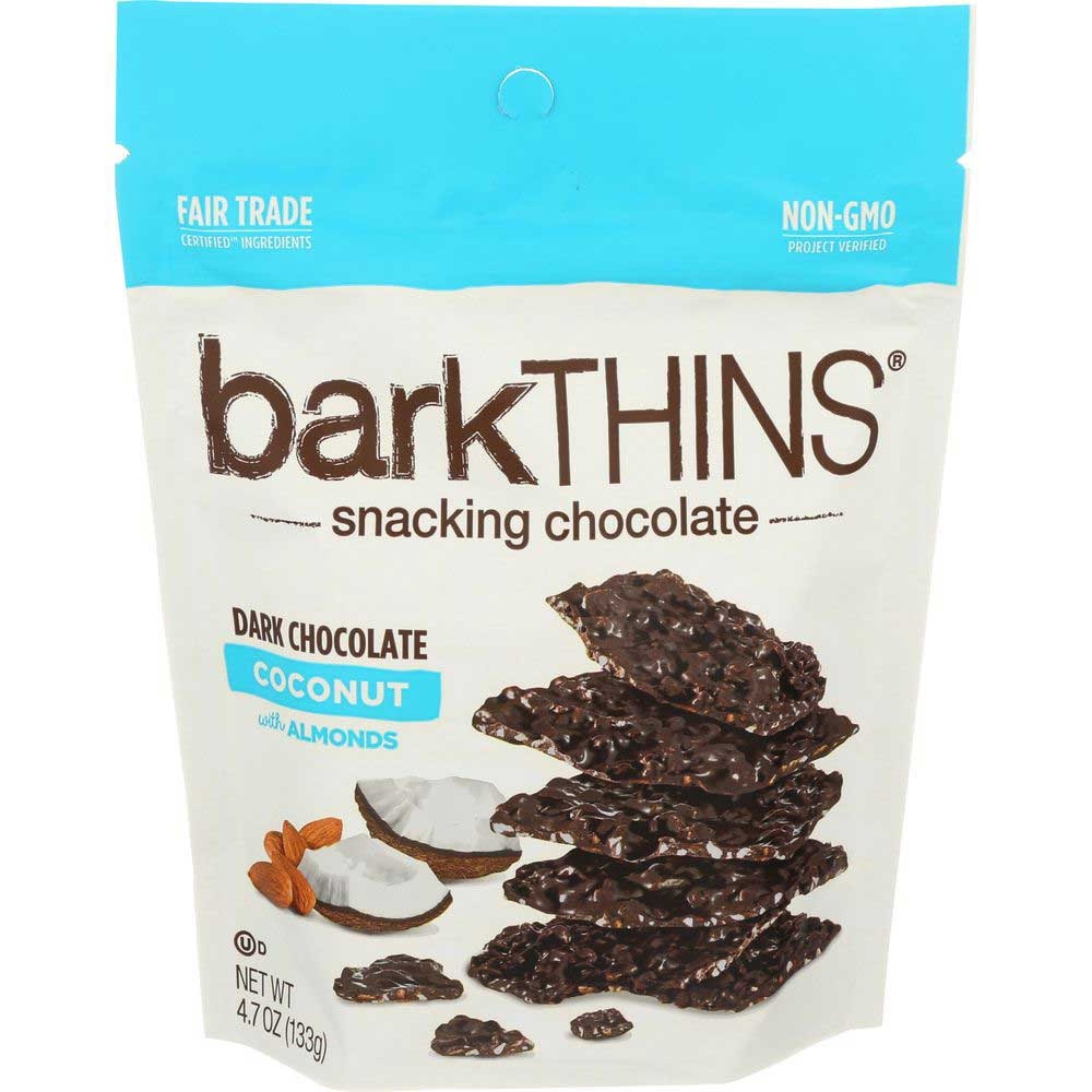 Bark Thins Toasted Coconut with Almonds Dark Chocolate Snacks, 4.7 Ounce -- 12 per case.