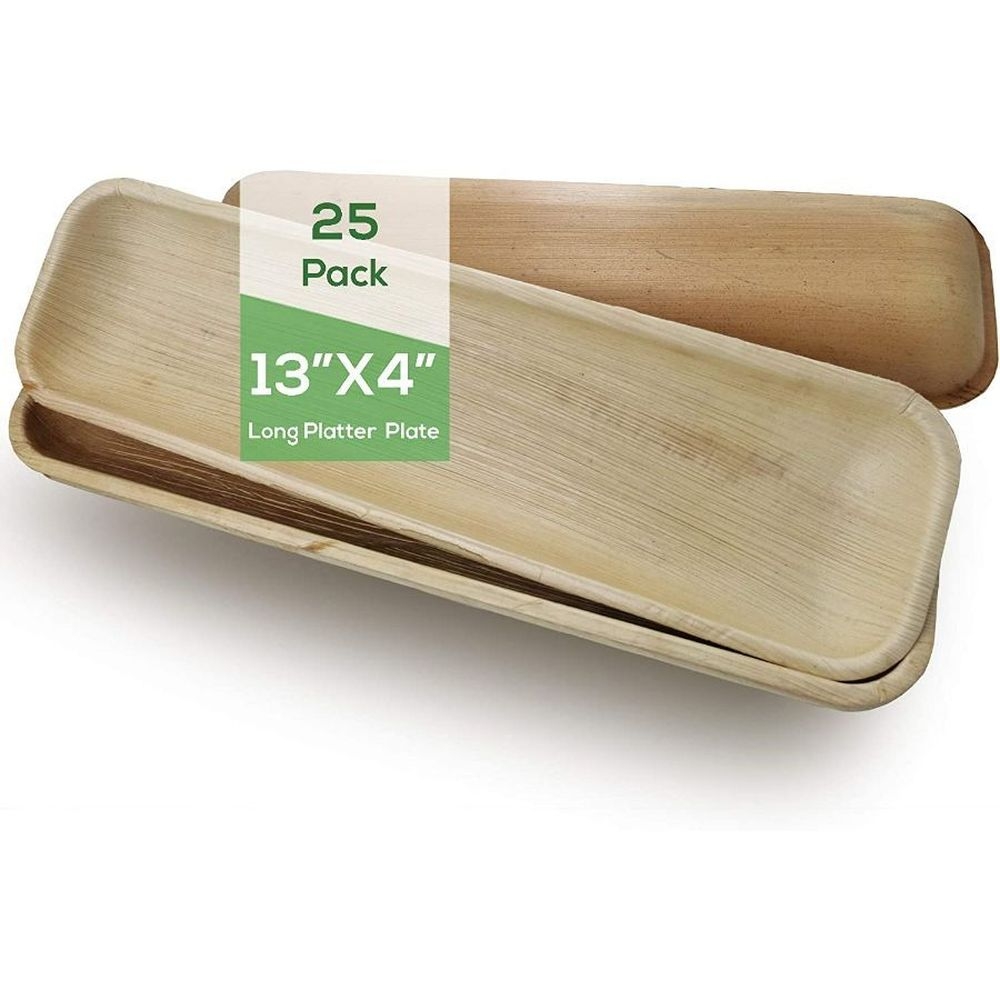 Dtocs Palm Leaf 13 inch x 4 inch Rectangle Disposable Platter Tray -- 25 per case