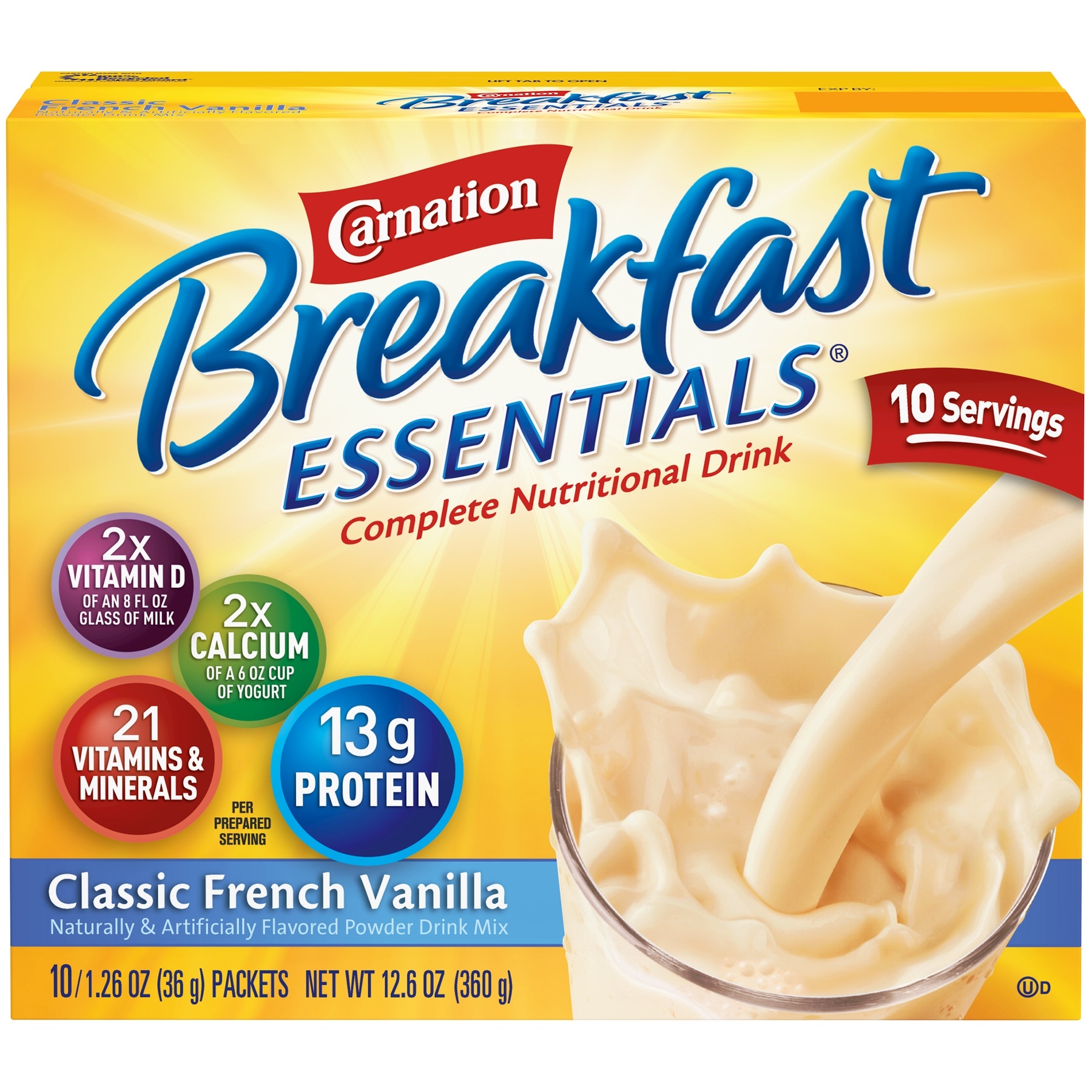 Nestle Carnation Instant Breakfast French Vanilla Beverage, 1.26 Ounce, 10 per pack -- 60 per case.