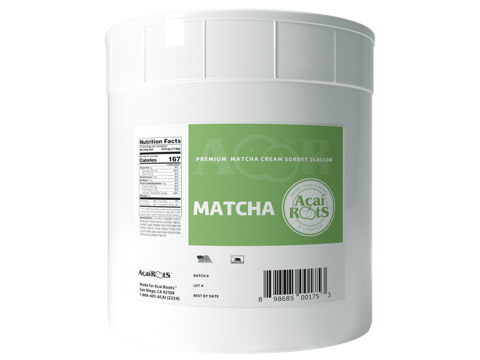 Acai Roots Matcha Cream Sorbet, 3 Gallon