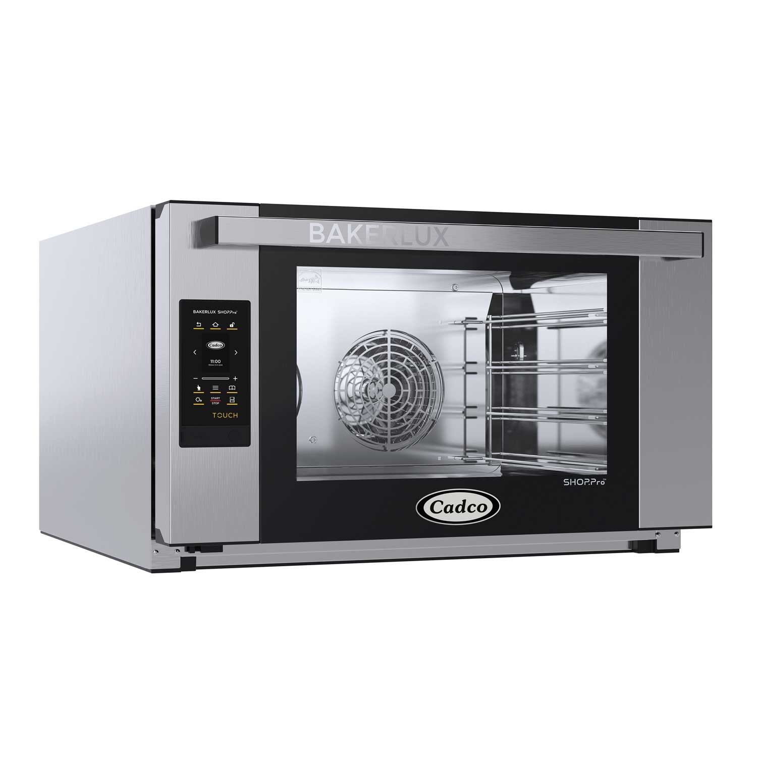 Cadco Bakerlux Touch Panel Full Size 4 Shelf Heavy-Duty Stainless Steel Convection Oven with Digital Controls and Humidity, 31 1/2 x 19 5/8 x 35 1/2 inch
