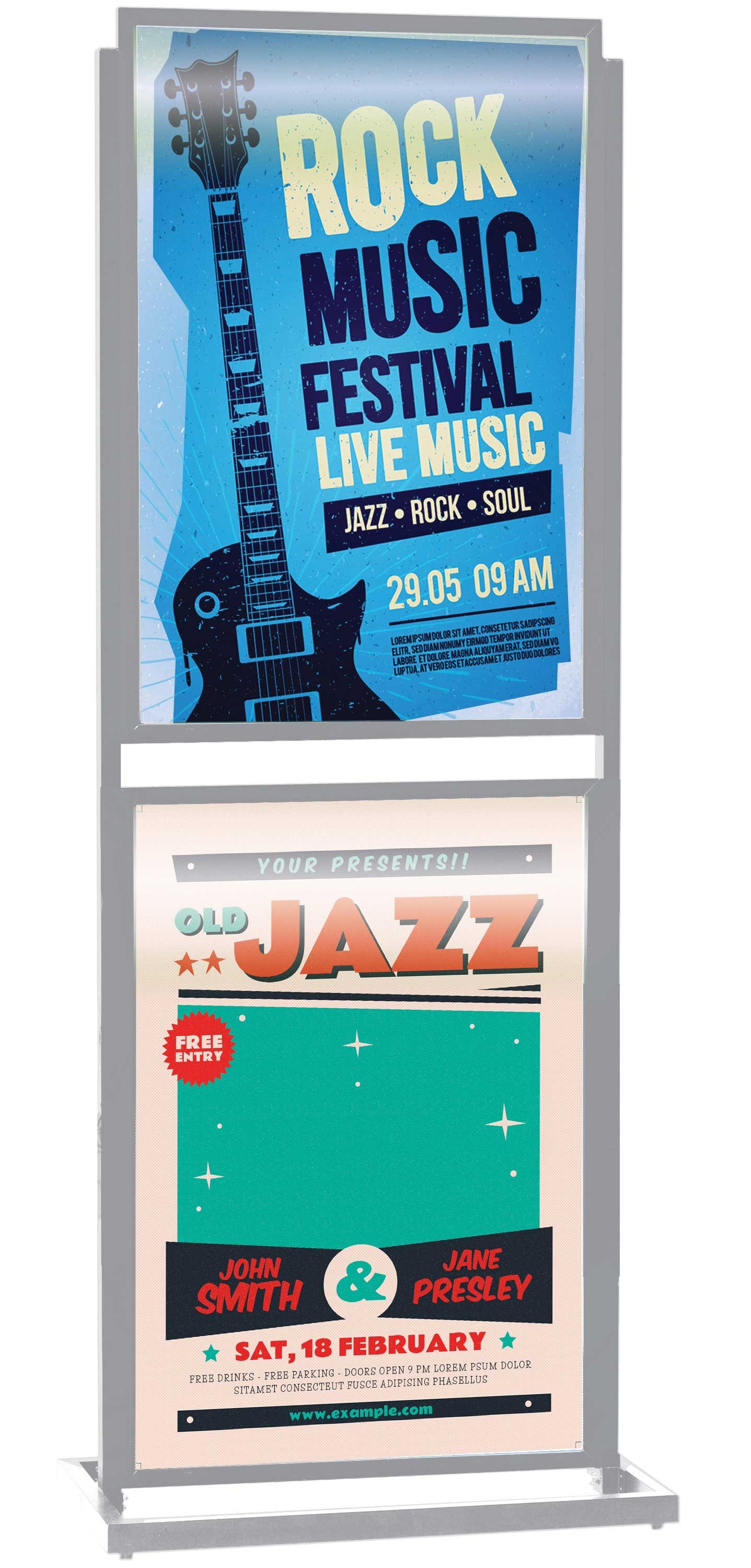 Aarco Silver Anodized Freestanding Double Sided Double Boaster Poster Holder, 64 x 25 x 15 inch