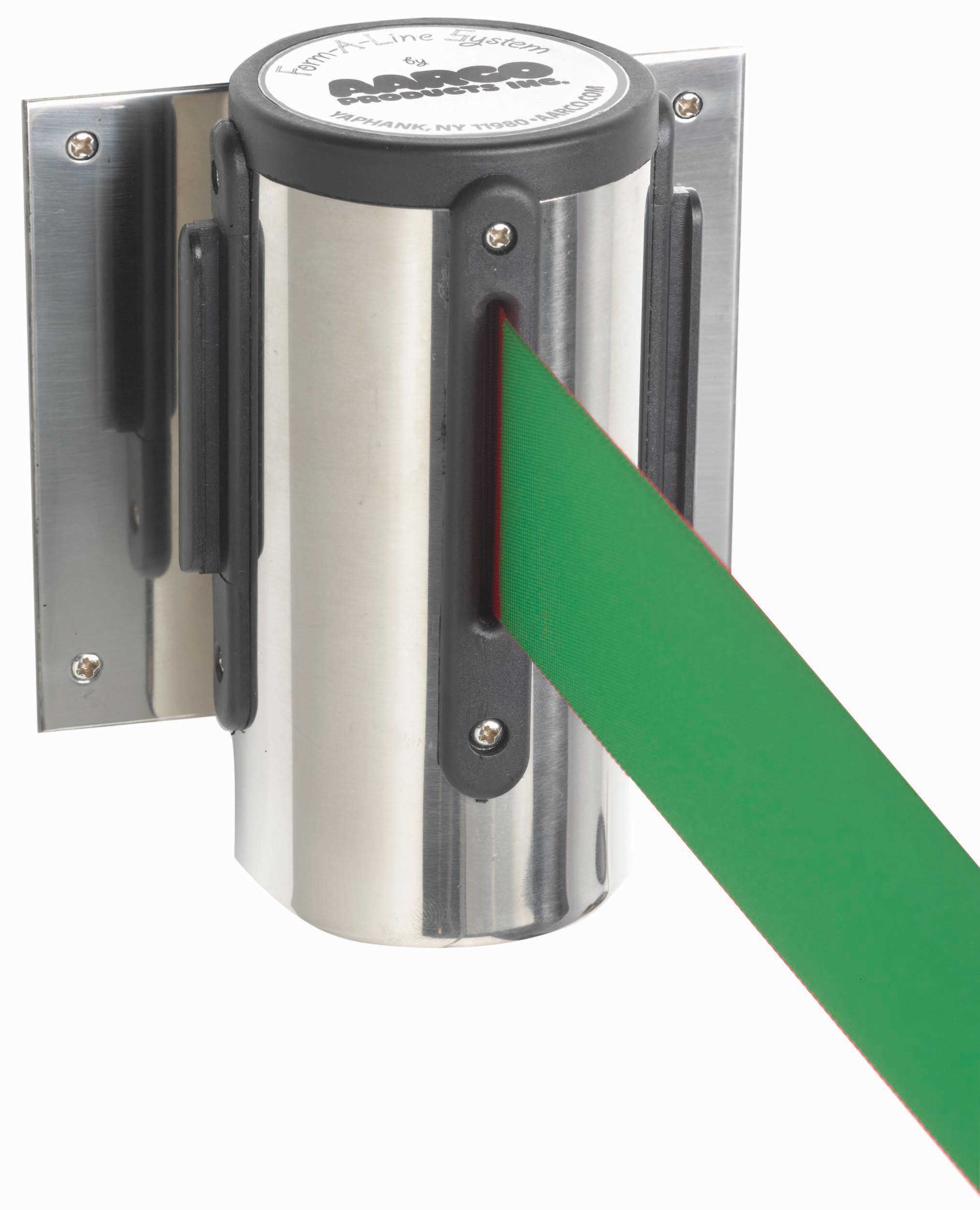 Aarco Form-A-Line (TM) Chrome Finish Wall Mounted Crowd Control System with 7 feet Retractable Green Belt
