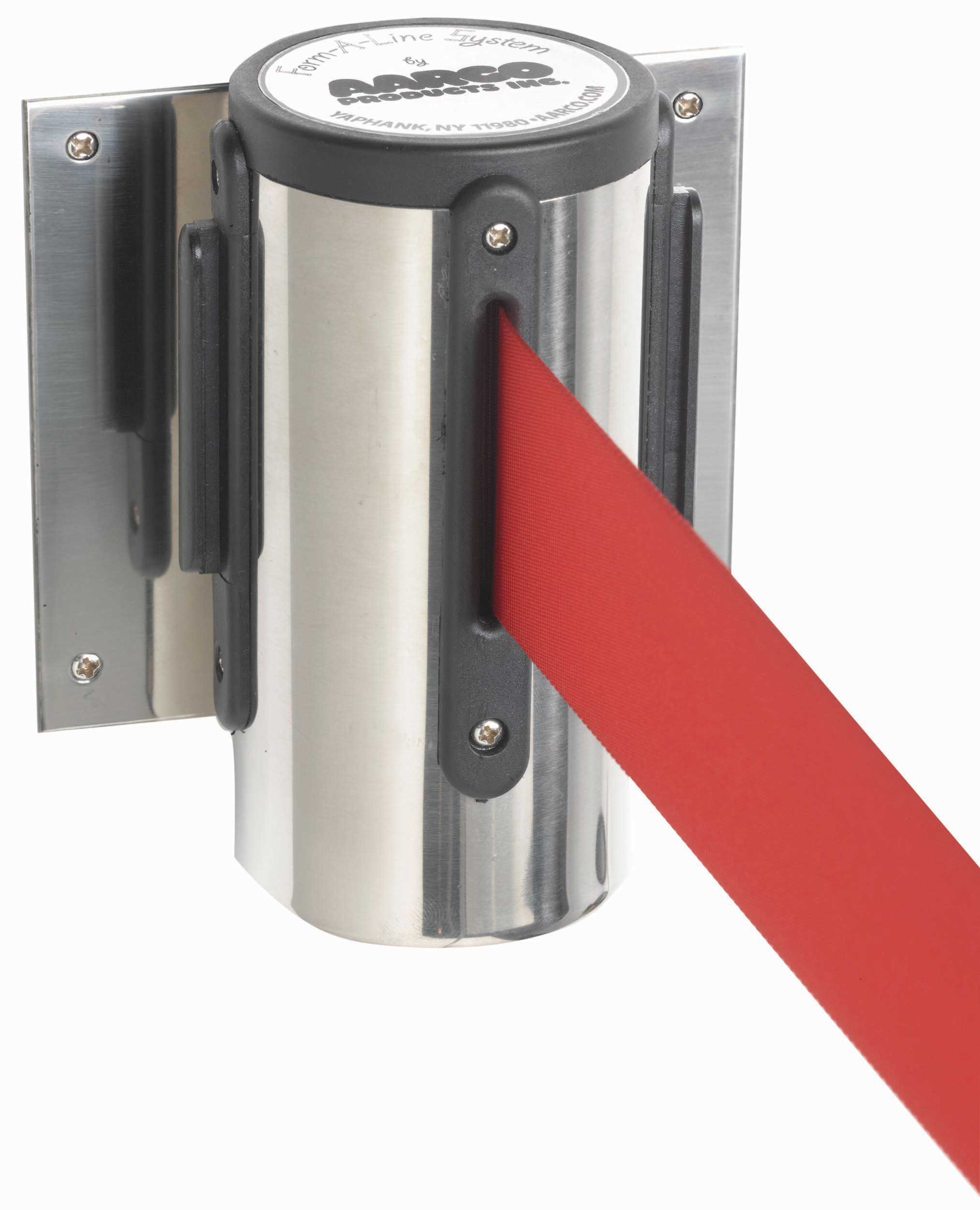 Aarco Form-A-Line (TM) Chrome Finish Wall Mounted Crowd Control System with 7 feet Retractable Red Belt