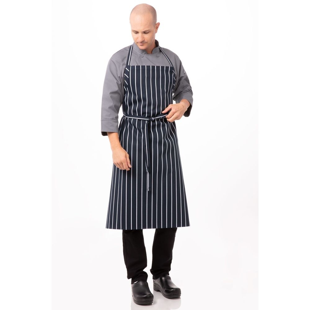 Chef Works Navy with Chalk Stripe English Chef Apron, 39 inch Long x 37 inch Wide