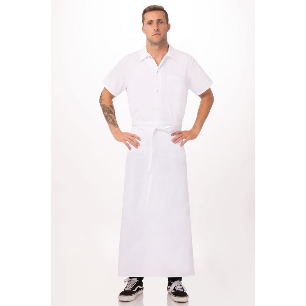 Chef Works White Full Length Chef Apron, 40 inch Long x 39 inch Wide