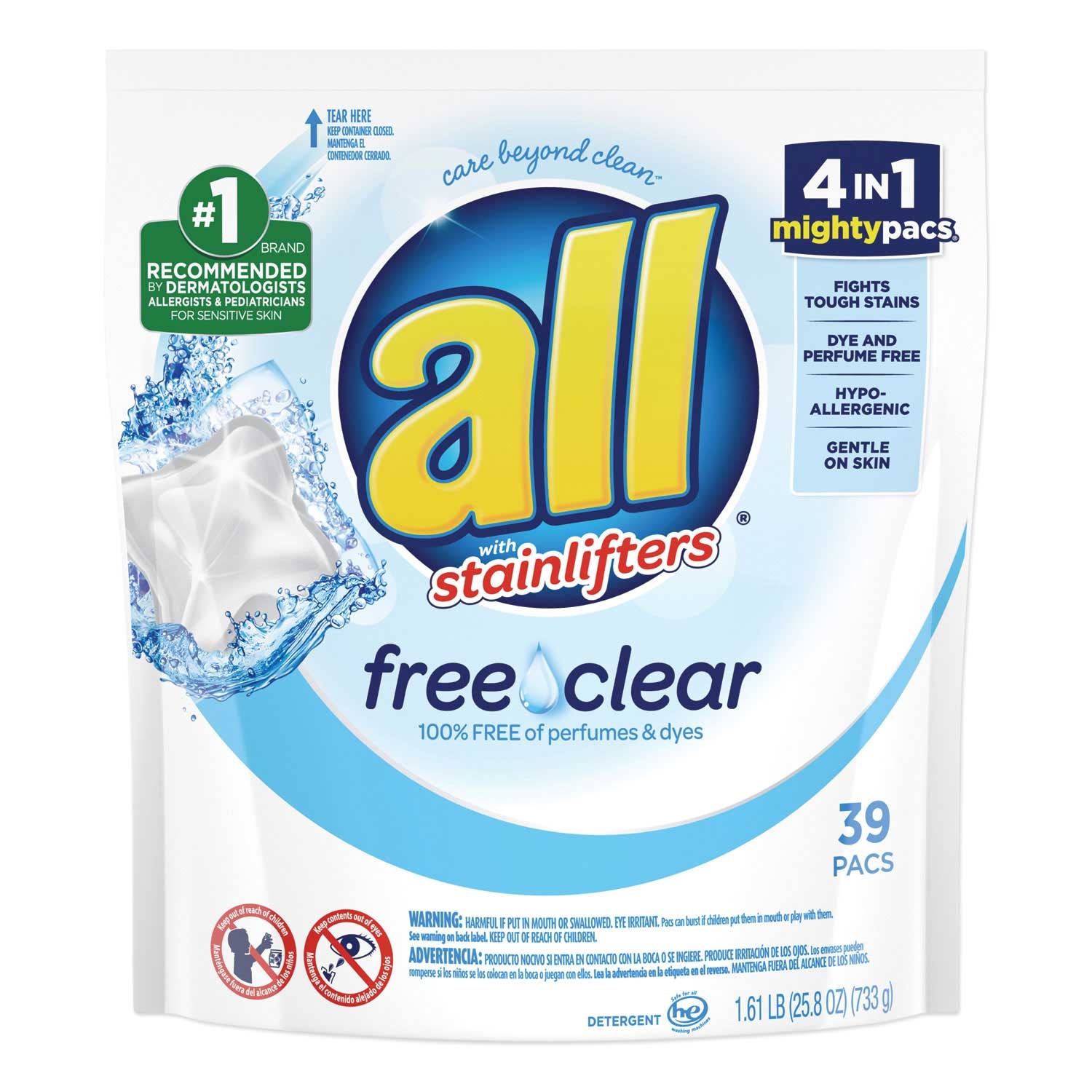 All Mighty Pacs Free and Clear Super Concentrated Laundry Detergent - 39 per pack -- 6 packs per case