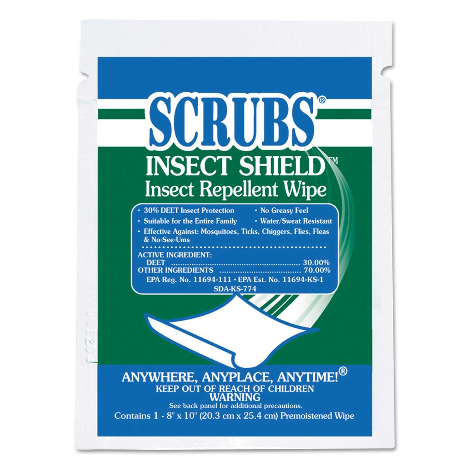 Scrubs Insect Shield White Floral Scent Insect Repellent Wipes, 8 x 10 inch -- 100 per case