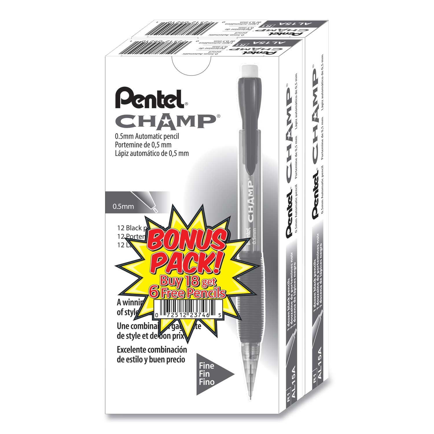 Pentel Champ Black Lead/Translucent Black Barrel 0.5 mm HB Mechanical Pencil - 24 per pack -- 1 pack per case
