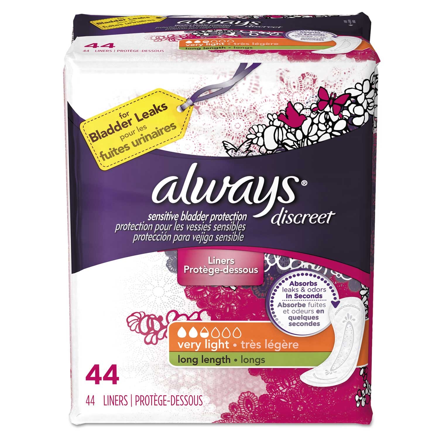 Always Discreet Very Light Long Incontinence Liner - 44 per pack -- 3 packs per case