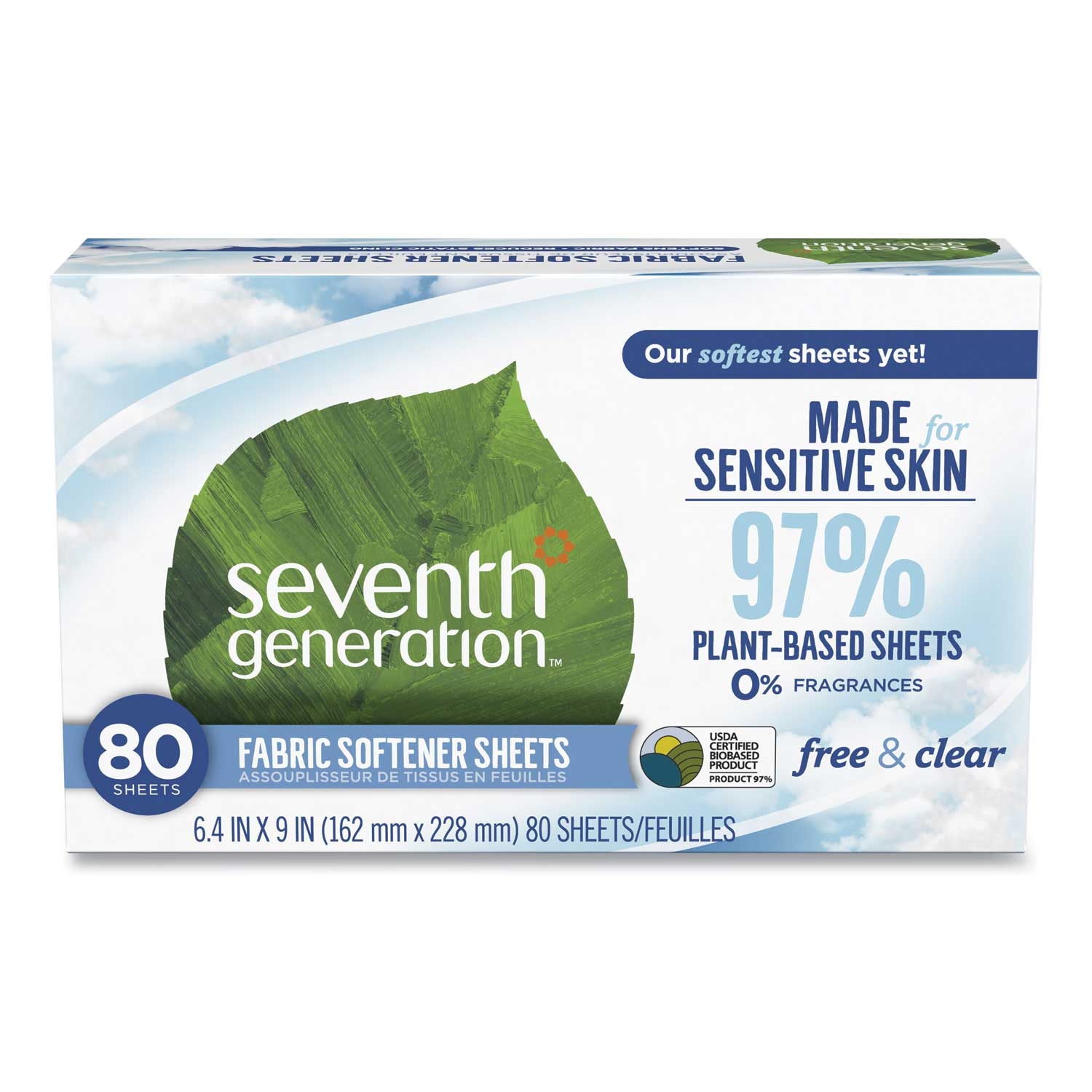 Seventh Generation Unscented Natural Fabric Softener Sheet - 80 sheets per box -- 4 boxes per case