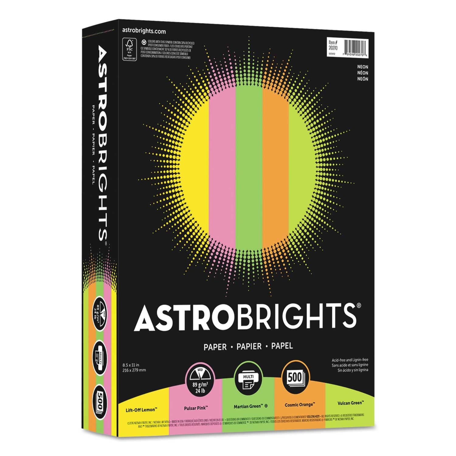 Astrobrights Assorted Neon Colors Color Paper, 8.5 x 11 inch - 500 per reem -- 1 reem per case