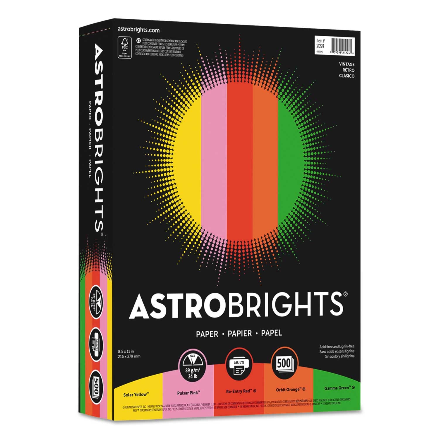 Astrobrights Assorted Vintage Color Paper, 8.5 x 11 inch - 500 per reem -- 1 reem per case