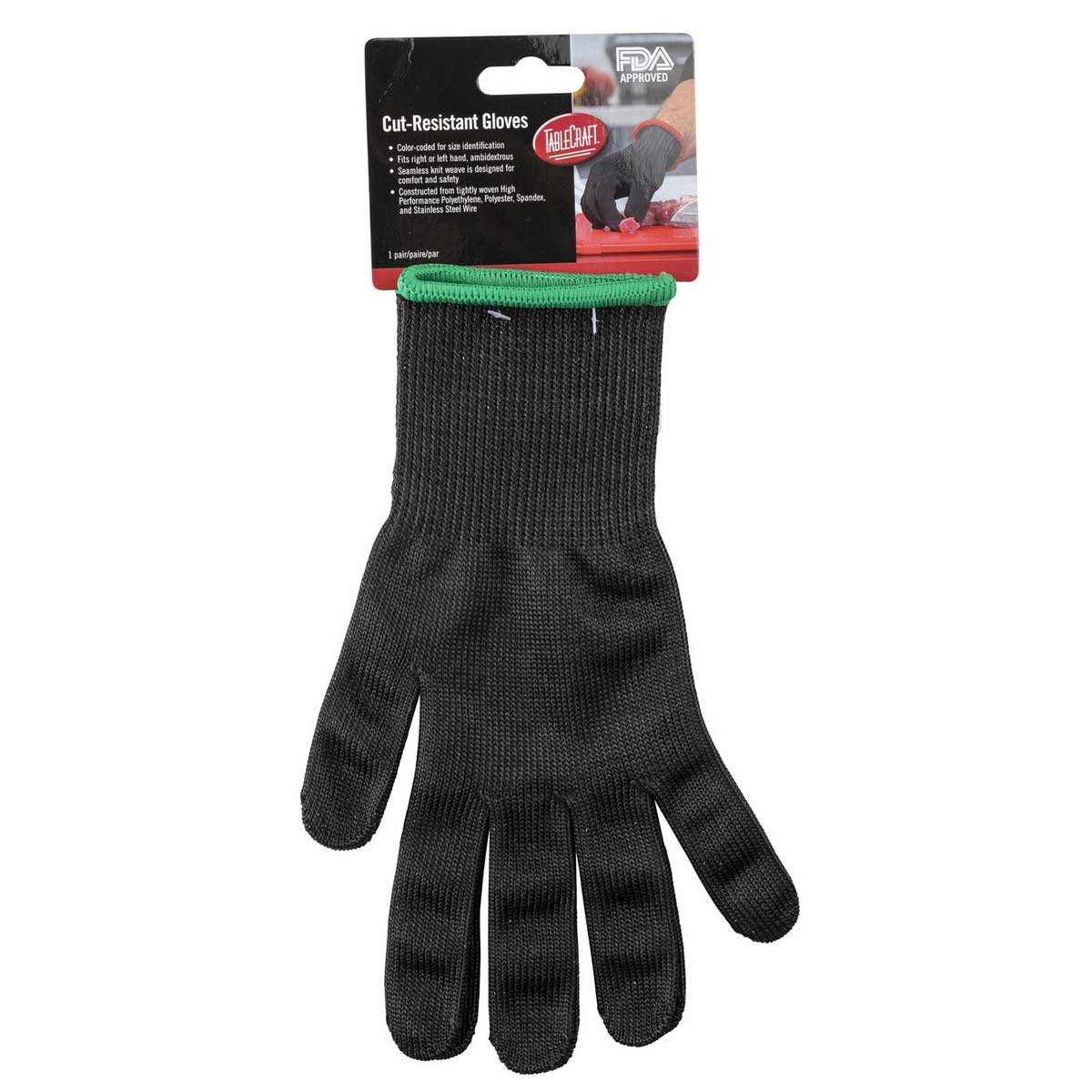 Tablecraft The Protector Medium Cut Resistant Green Cuff Black Glove, 9.625 x 5 x 0.125 inch