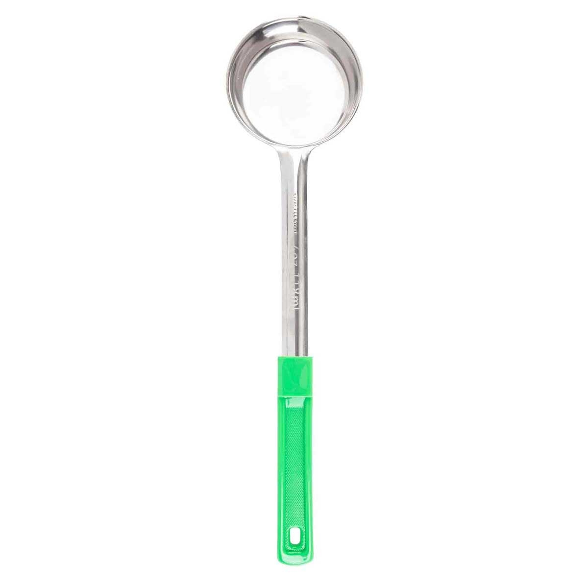 Tablecraft Stainless Steel Solid One Piece Spoonout with Green Handle, 4 Ounce Capacity