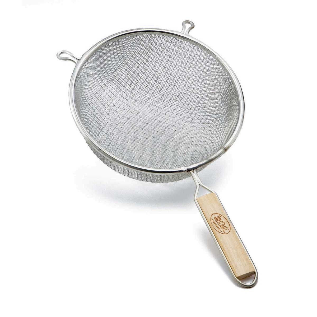 Tablecraft Tin Plated Medium Double Mesh Strainer with Wood Handle, 7 7/8 inch Dia.