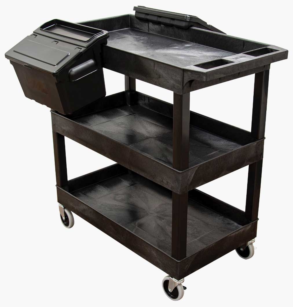 Luxor Black Three 32 x 18 inch Tub Shelves Cart with Outrigger Utility Cart Bins, 35.25 x 18 x 36.25 inch Height