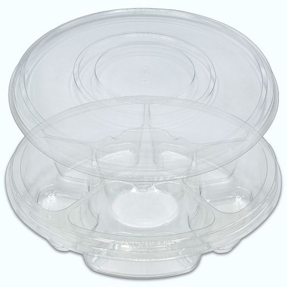 PET 120 Ounce 5 Compartment Round Heat Sealable Tray with Dip Cup and Ring Lid