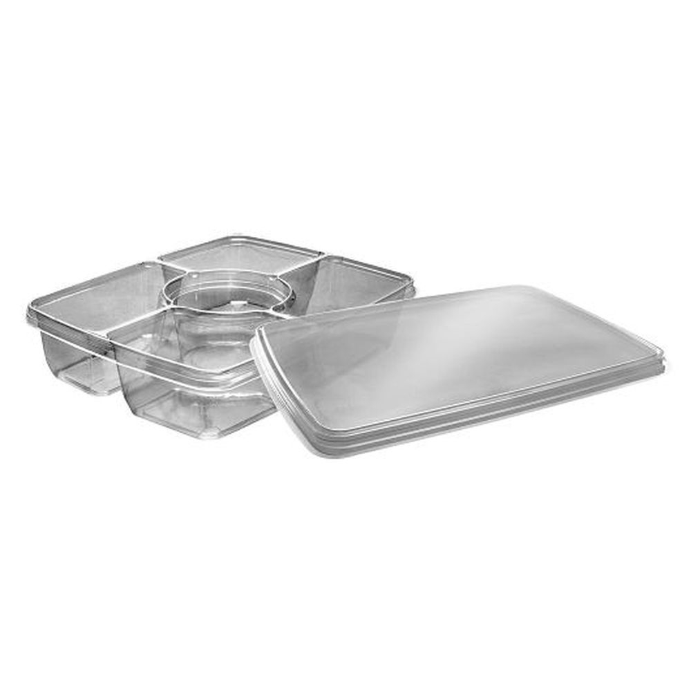PET 128 Ounce 4 Compartment Rectangular Tray with Dip Cup and Lid