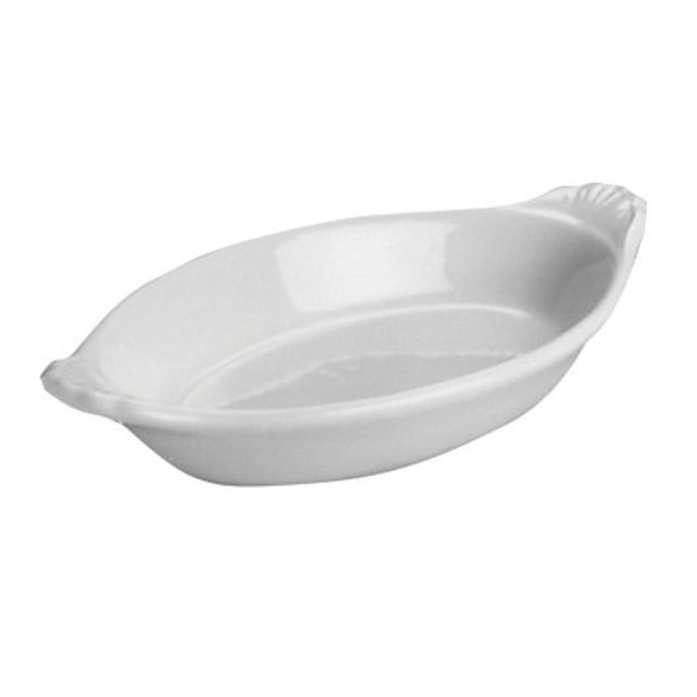 12 Ounce White Oval Au Gratin Rarebit with Embossed Handle