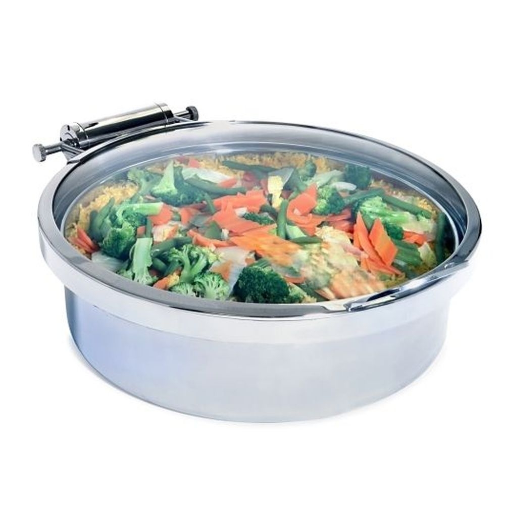 18/10 Stainless Steel Round Induction Grill Chafer with Full Glass Lid, 7.5 Liter Capacity