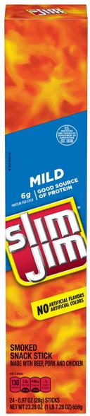 Slim Jim Mild Giant Meat Snack Stick - 24 count per box -- 6 boxes per case