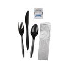 Prime Source Black Medium Polypropylene Knife Fork Teaspoon Salt and Pepper 10 x 12 inch Napkin Cutlery Kit -- 250 per case