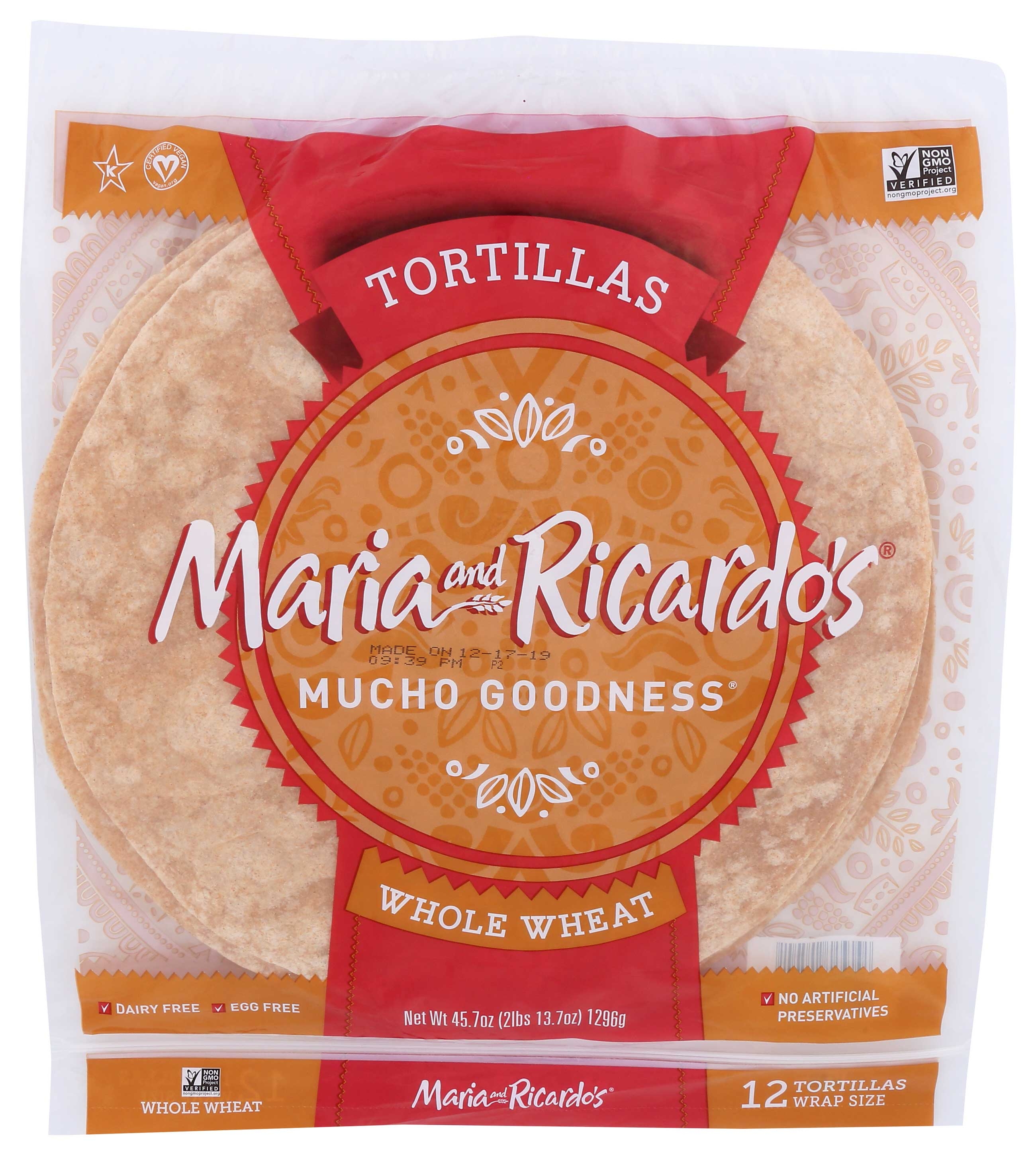 Maria and Ricardos Whole Wheat Tortilla, 12 inch -- 10 per case.