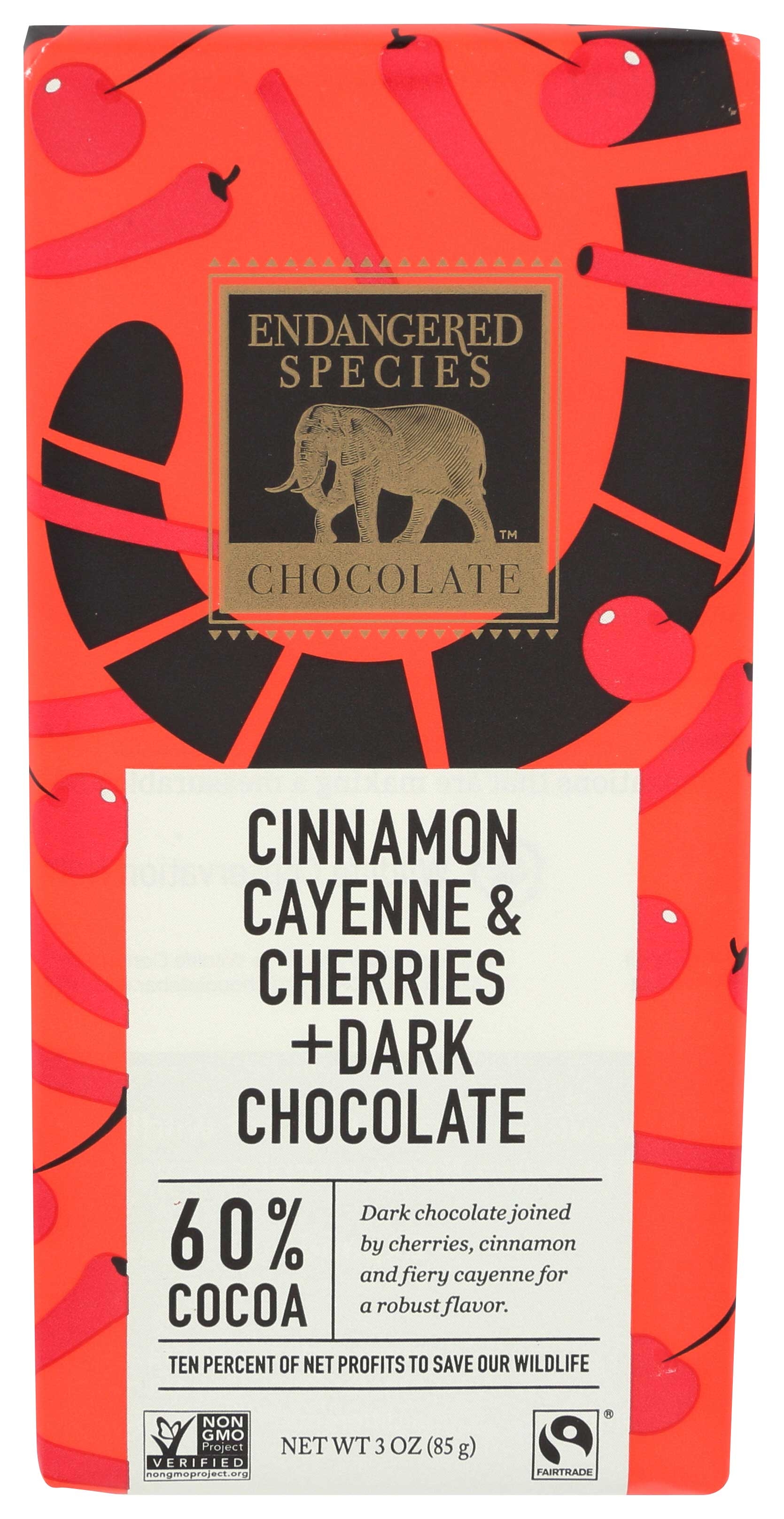 Endangered Species Natural Dark Chocolate Bar with Cinnamon Cayenne and Cherries, 3 Ounce -- 12 per case.
