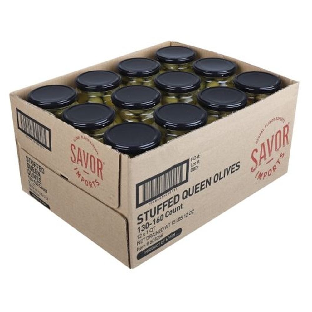 Savor Imports Stuffed Queen Olives Jar, 32 Ounce -- 12 per case.