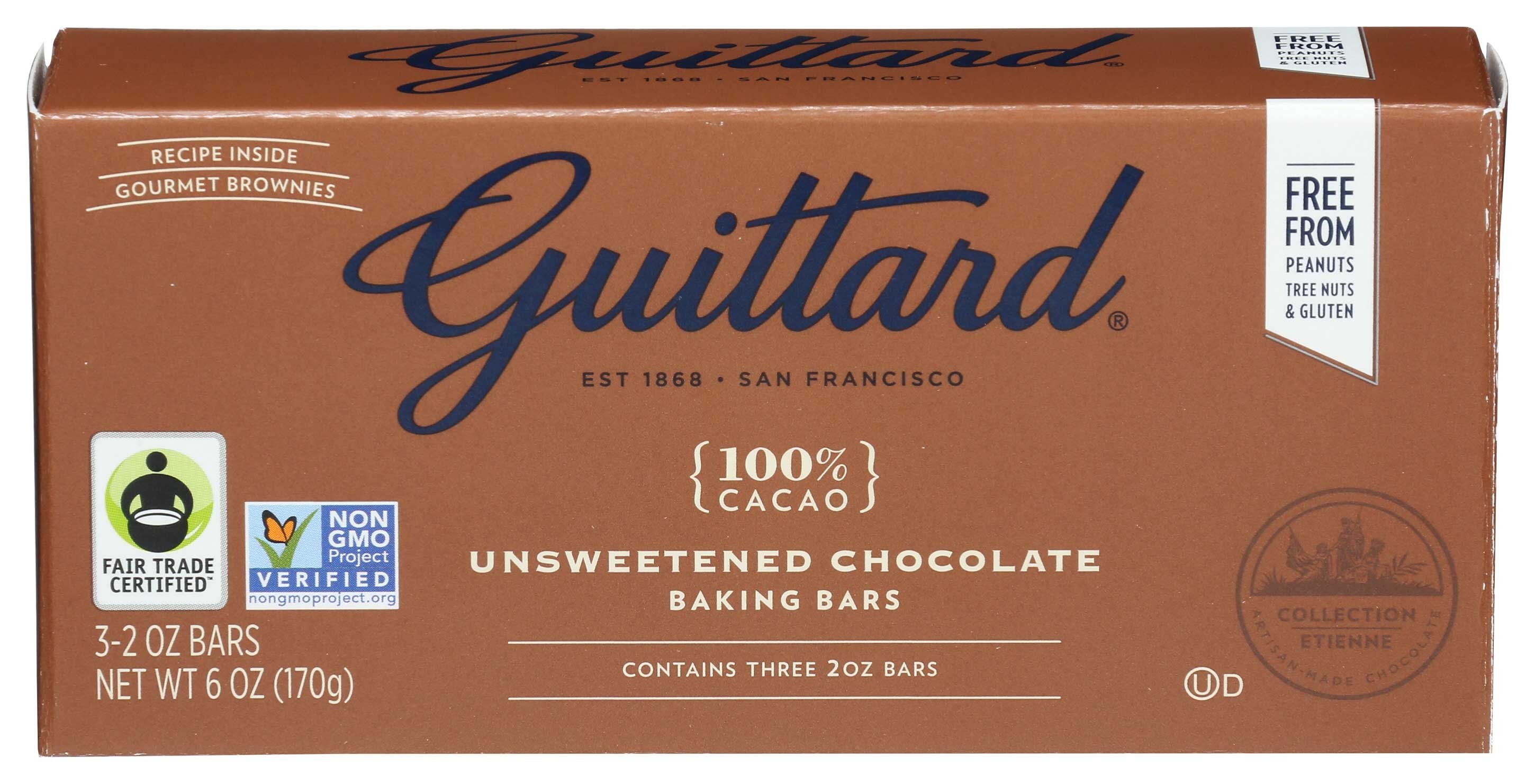 Guittard Unsweetened Chocolate Bar, 2 Ounce - 3 count per pack -- 12 packs per case