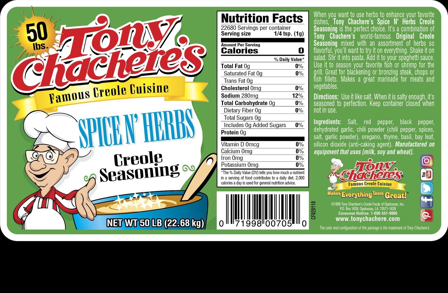 Tony Chacheres Spices and Herbs Creole Seasoning, 50 Pound